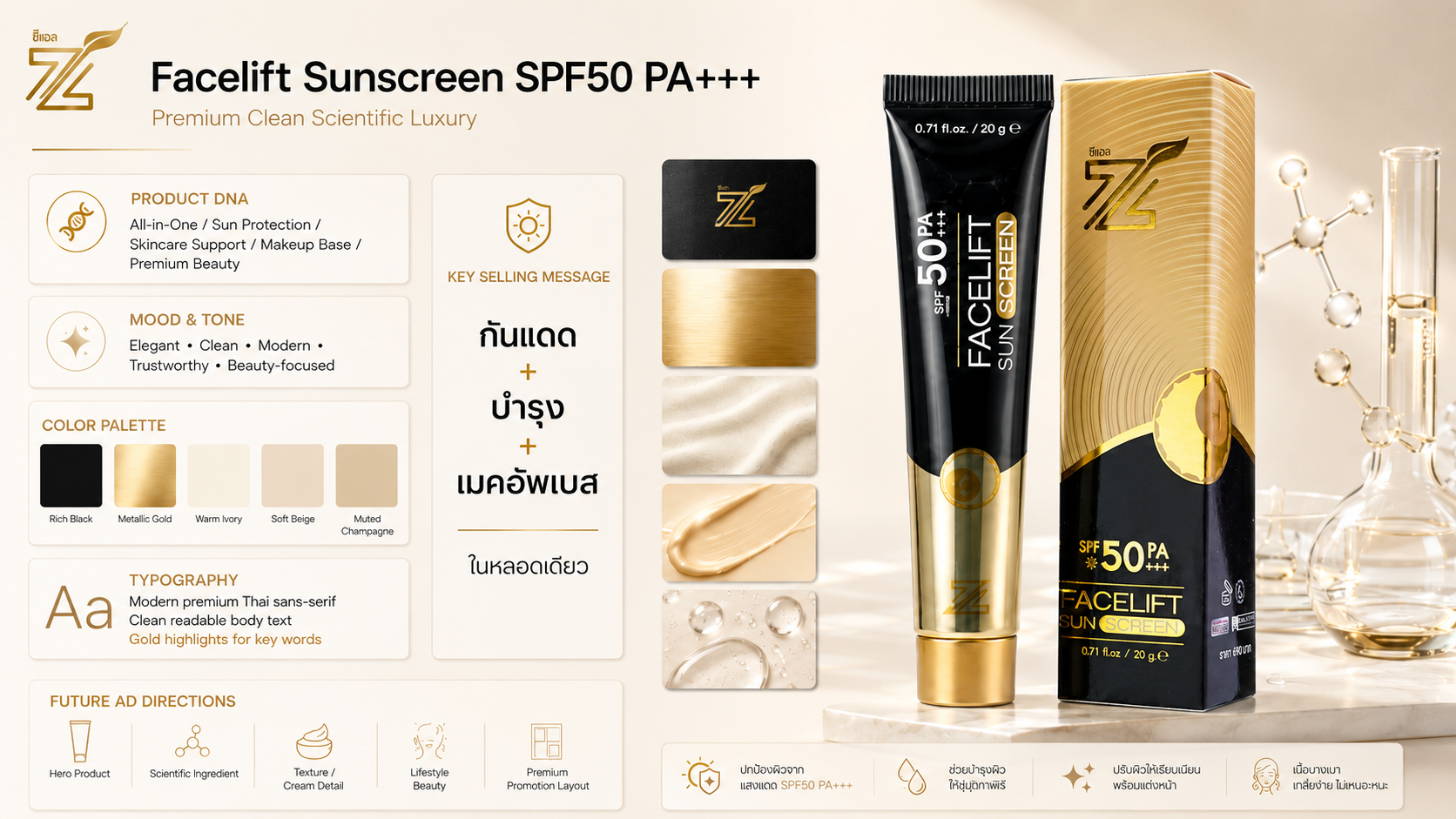 Mood and Tone ของผลิตภัณฑ์กันแดด ZL แสดง Product DNA สี ฟอนต์ และทิศทางโฆษณา